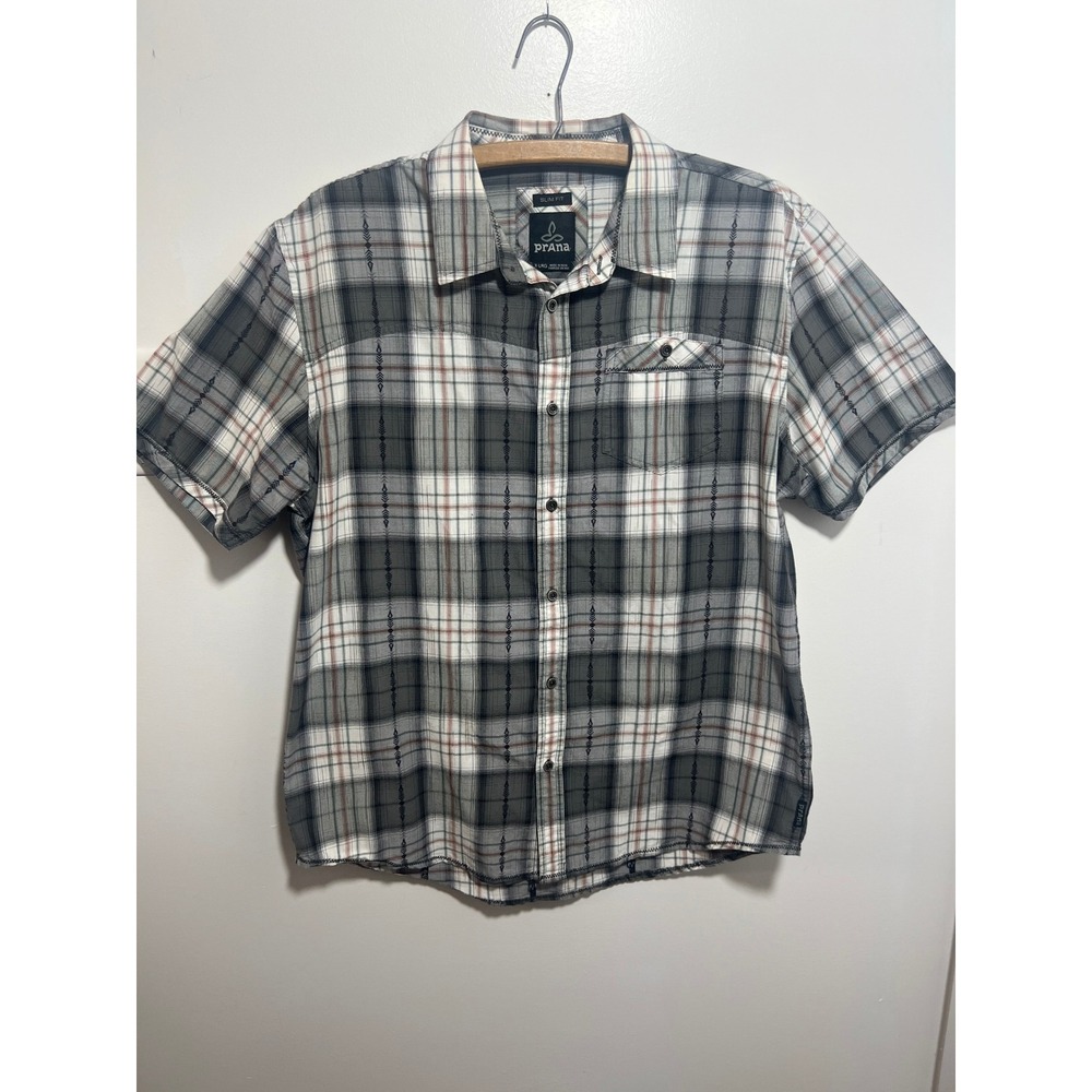 Prana Mens XL Slim Fit Short Sleeve Plaid Button Down Shirt Grey White Geometric